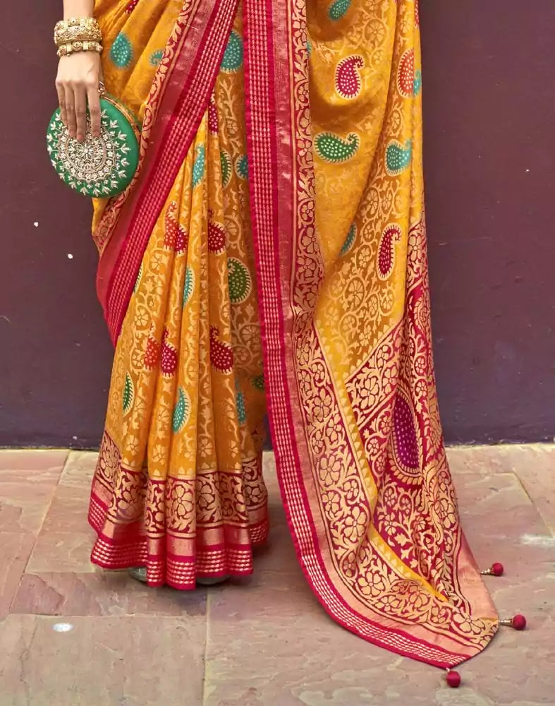 Image of Mustard Coloured Paisley Brasso Fabric Saree