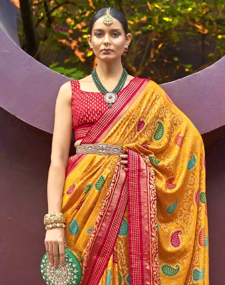 Image of Mustard Coloured Paisley Brasso Fabric Saree