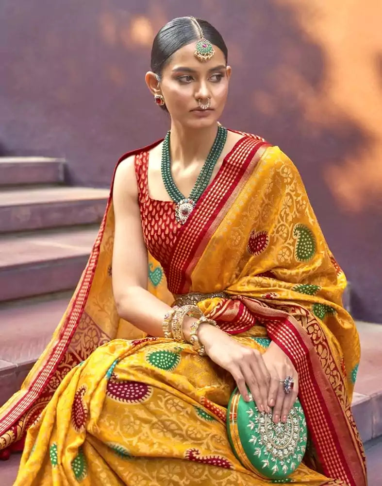 Image of Mustard Coloured Paisley Brasso Fabric Saree