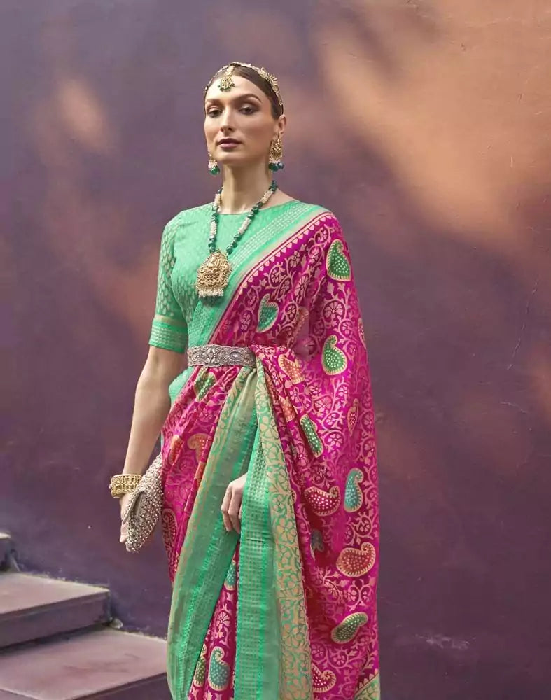 Image of Pink and Sea Green Paisley Print Brasso Saree