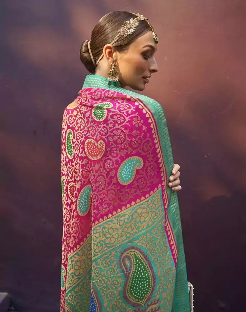 Image of Pink and Sea Green Paisley Print Brasso Saree