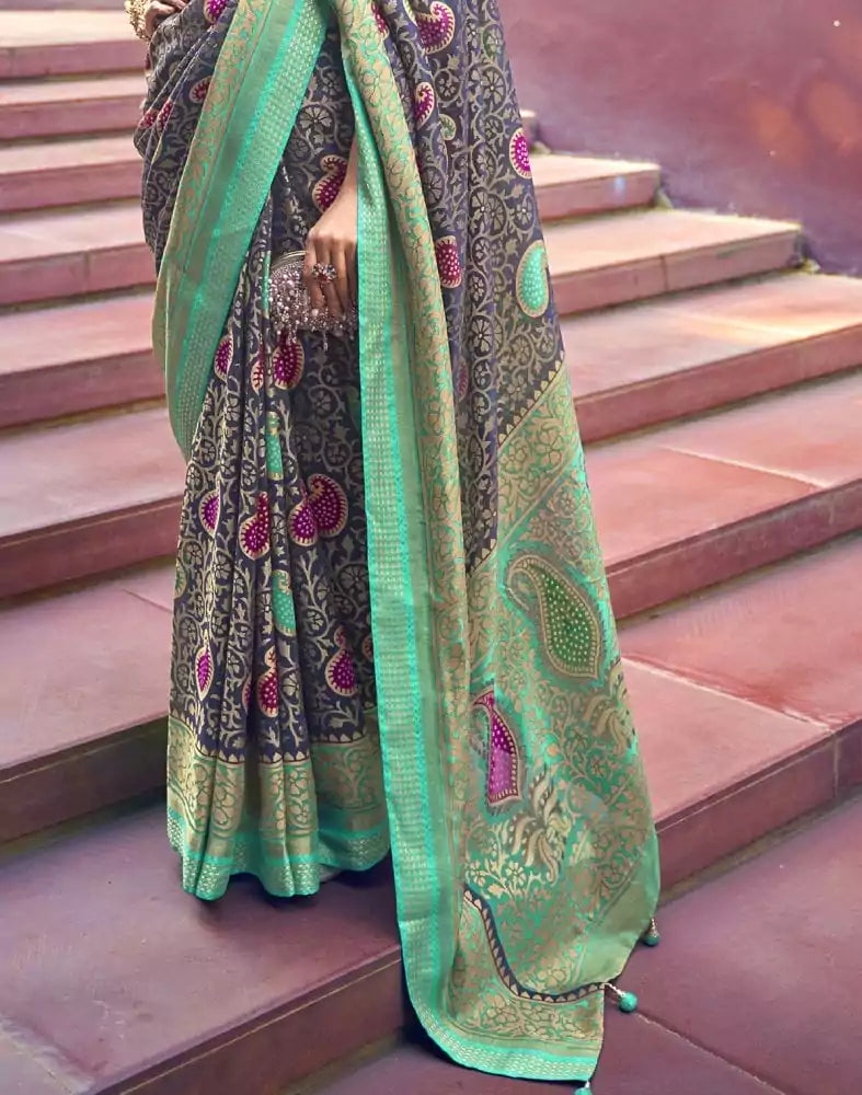 Image of Navy Blue Paisley Pattern Brasso Fabric Saree