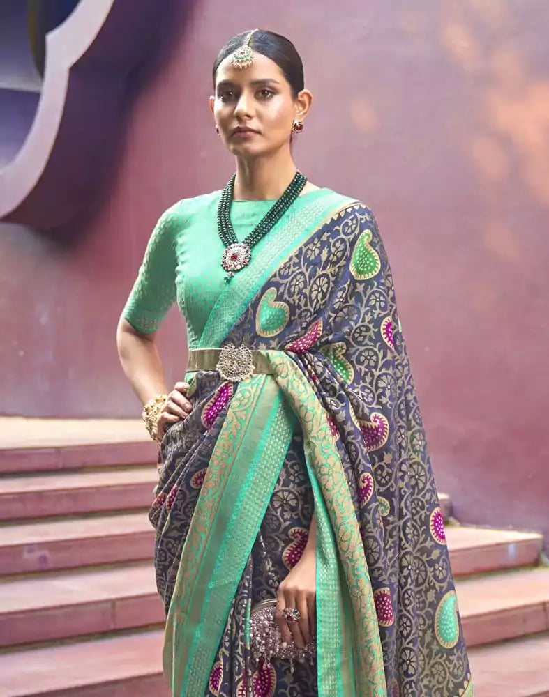 Image of Navy Blue Paisley Pattern Brasso Fabric Saree