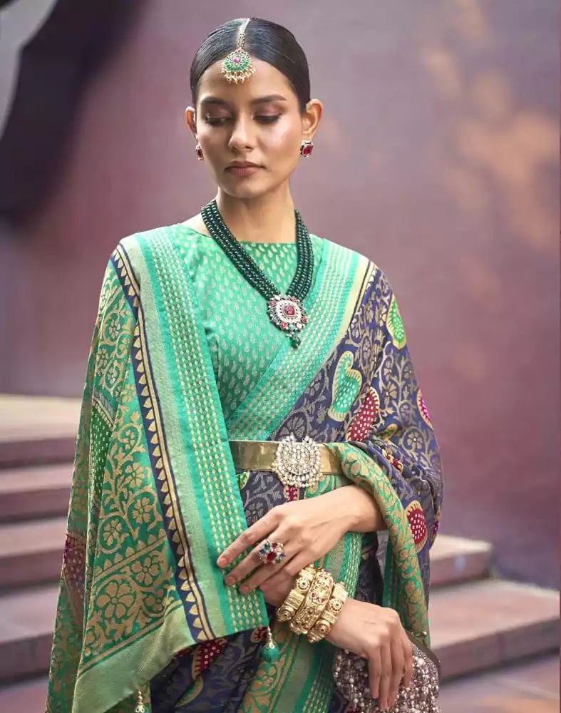 Image of Navy Blue Paisley Pattern Brasso Fabric Saree