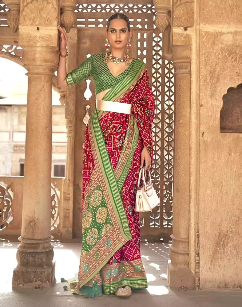 Image of Red Botanical Print Patola Designer Saree