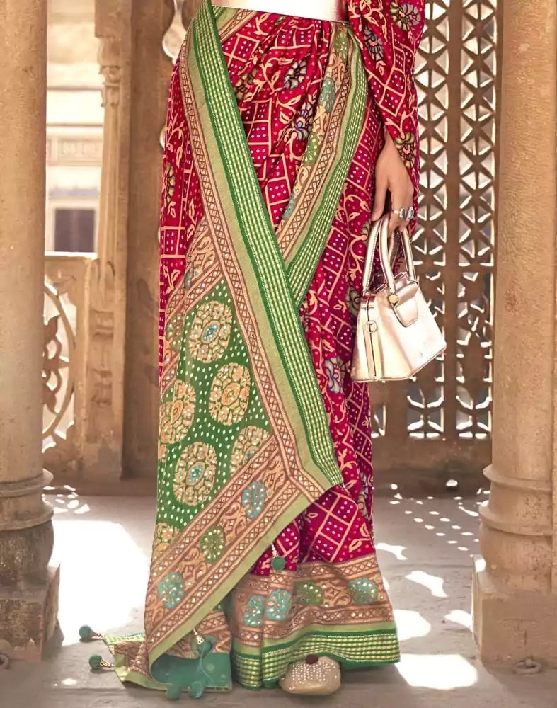 Image of Red Botanical Print Patola Designer Saree