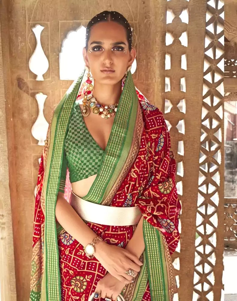 Image of Red Botanical Print Patola Designer Saree