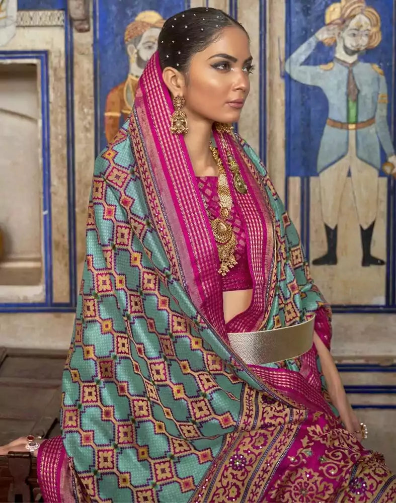 Image of Magnificent Sky Blue Geometric Print Patola Saree