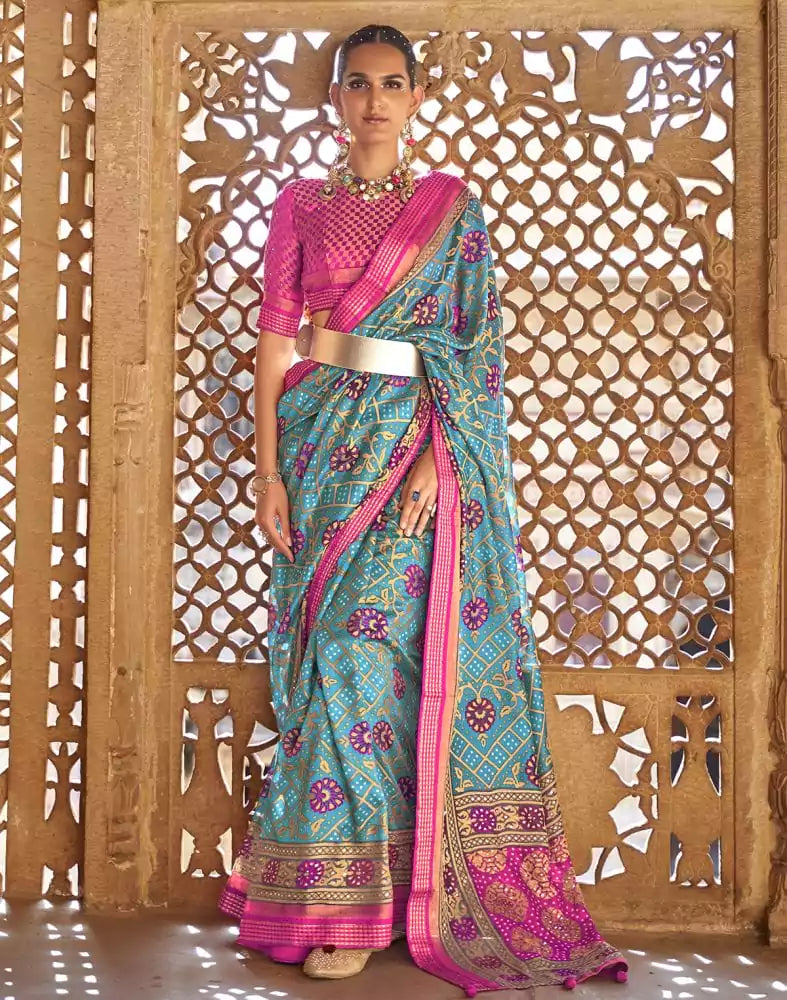 Image of Stylish Sky Blue Botanical Print Patola Saree