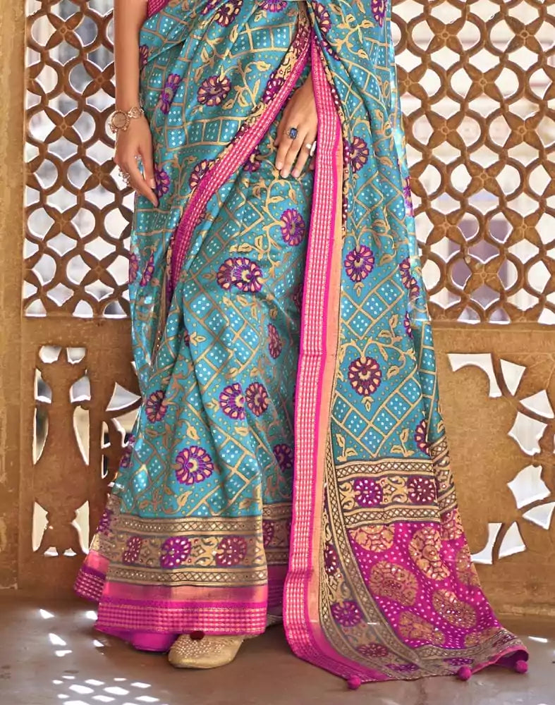 Image of Stylish Sky Blue Botanical Print Patola Saree