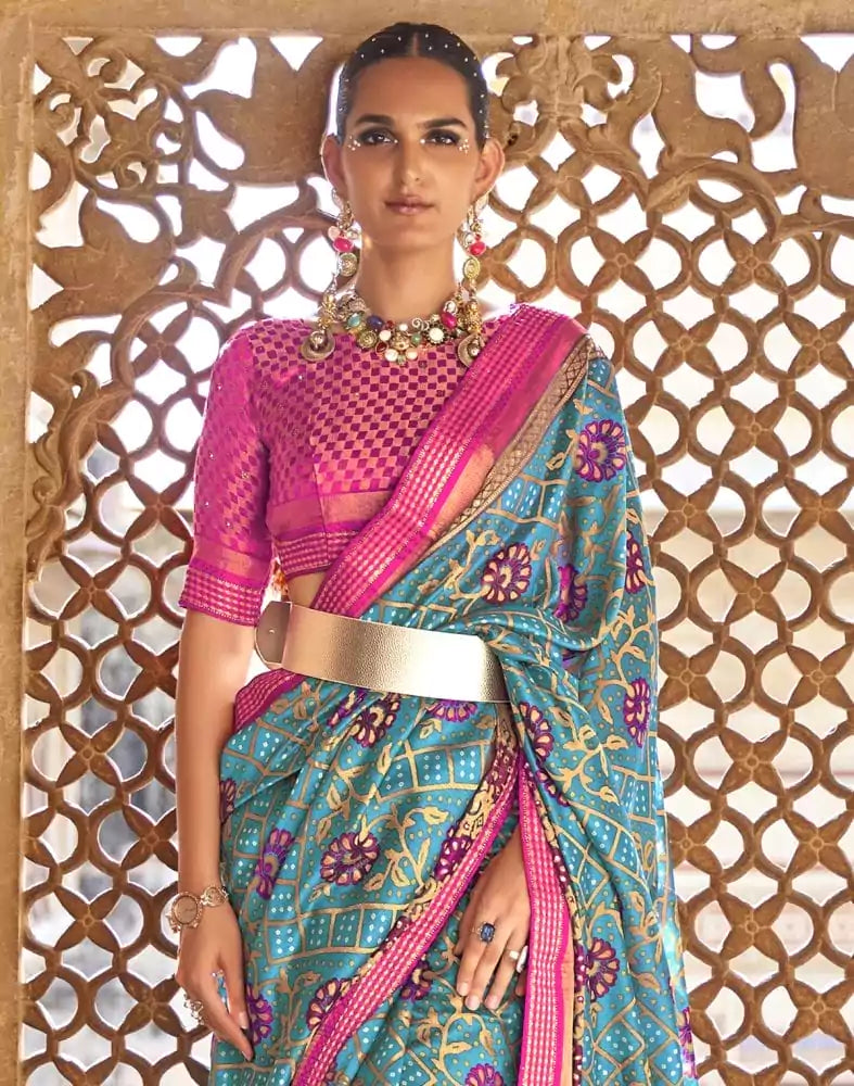 Image of Stylish Sky Blue Botanical Print Patola Saree