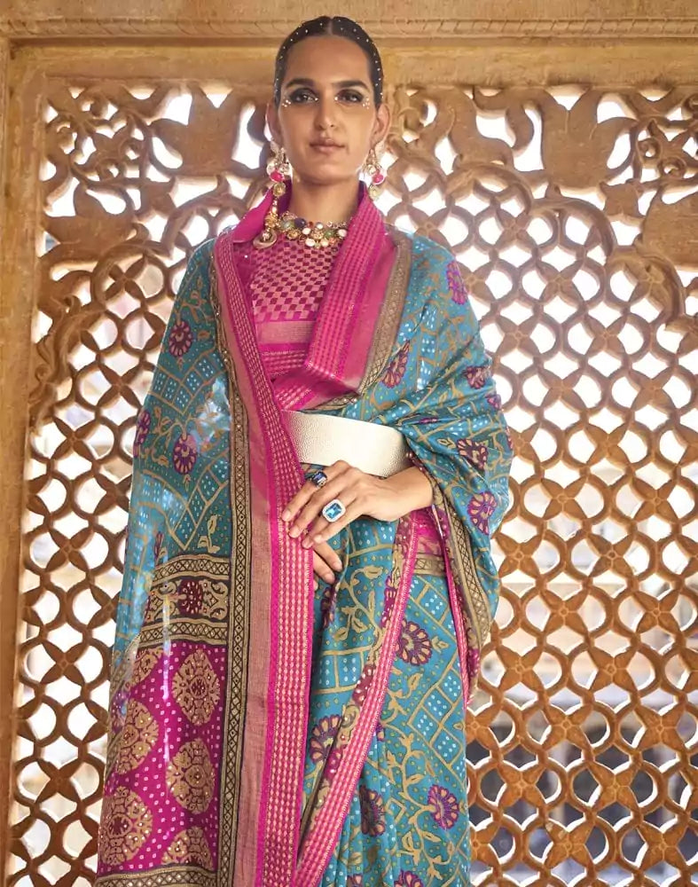 Image of Stylish Sky Blue Botanical Print Patola Saree