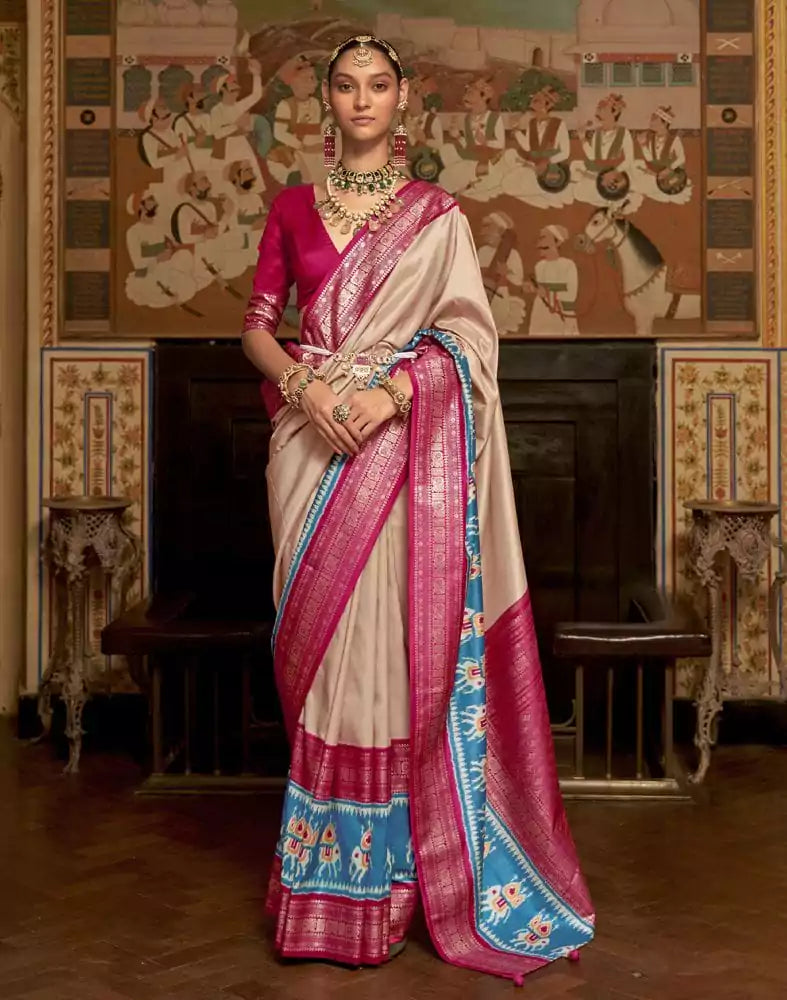 Image of Cream Coloured Patola Fabric Saree