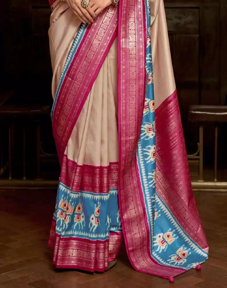 Image of Cream Coloured Patola Fabric Saree