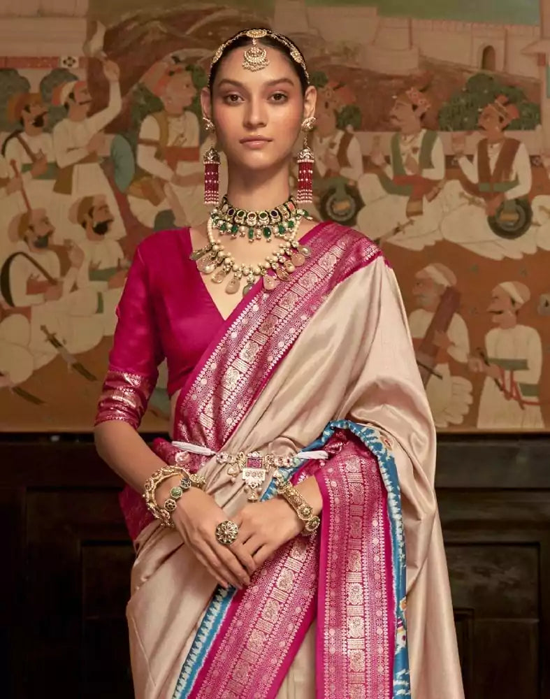 Image of Cream Coloured Patola Fabric Saree
