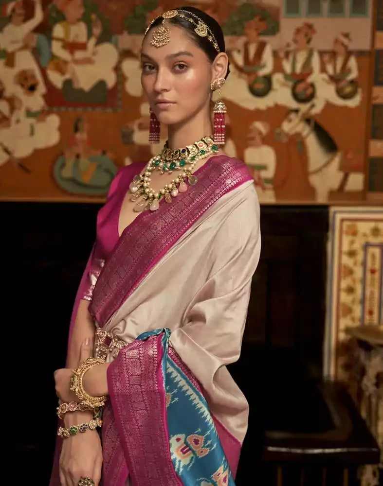 Image of Cream Coloured Patola Fabric Saree