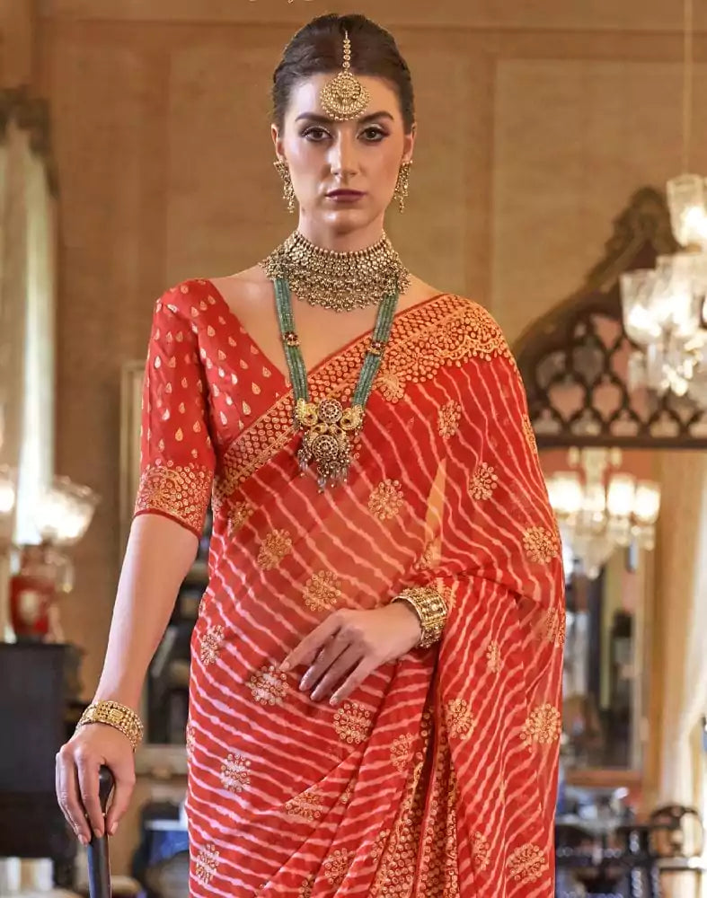 Image of Attractive Orange Striped Printed Georgette Saree