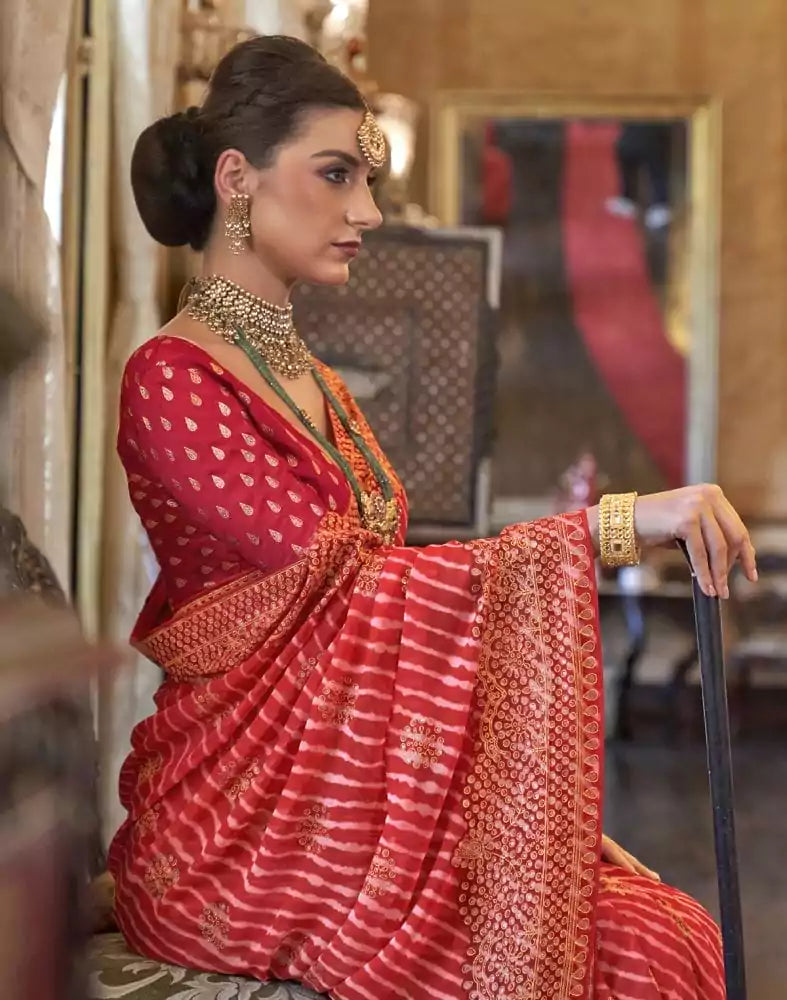Image of Attractive Orange Striped Printed Georgette Saree