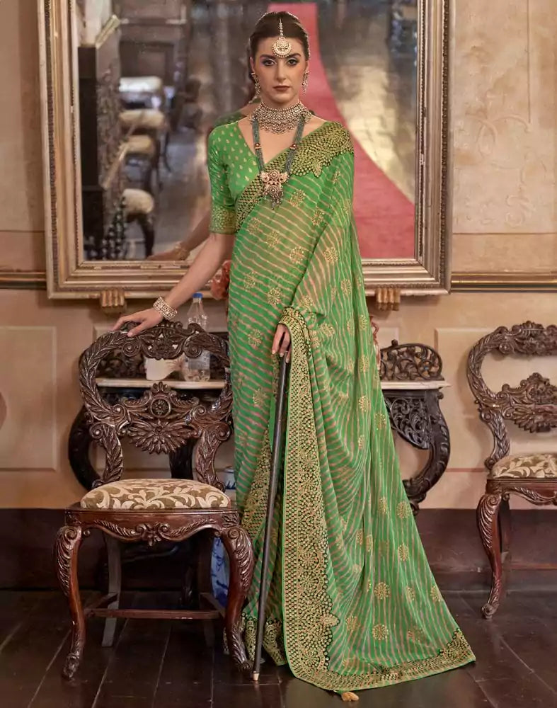 Image of Green Striped Printed beautiful Georgette Saree