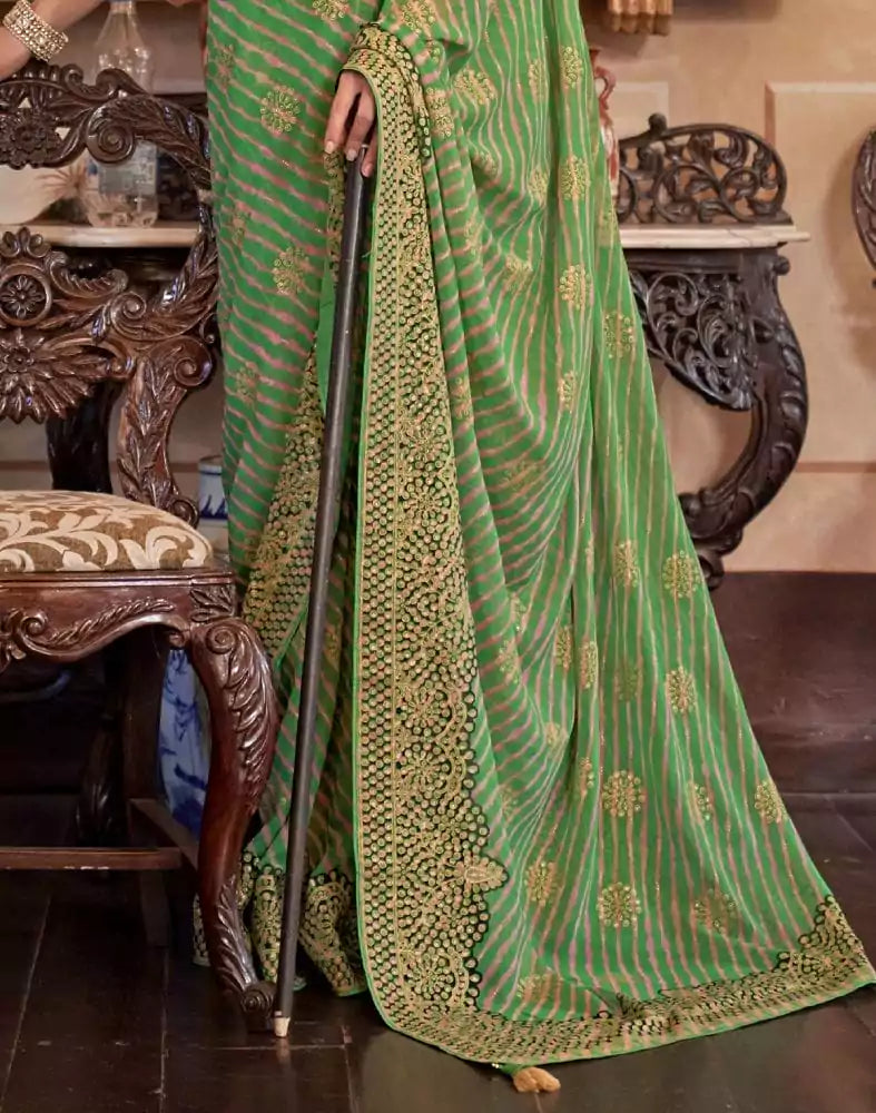 Image of Green Striped Printed beautiful Georgette Saree