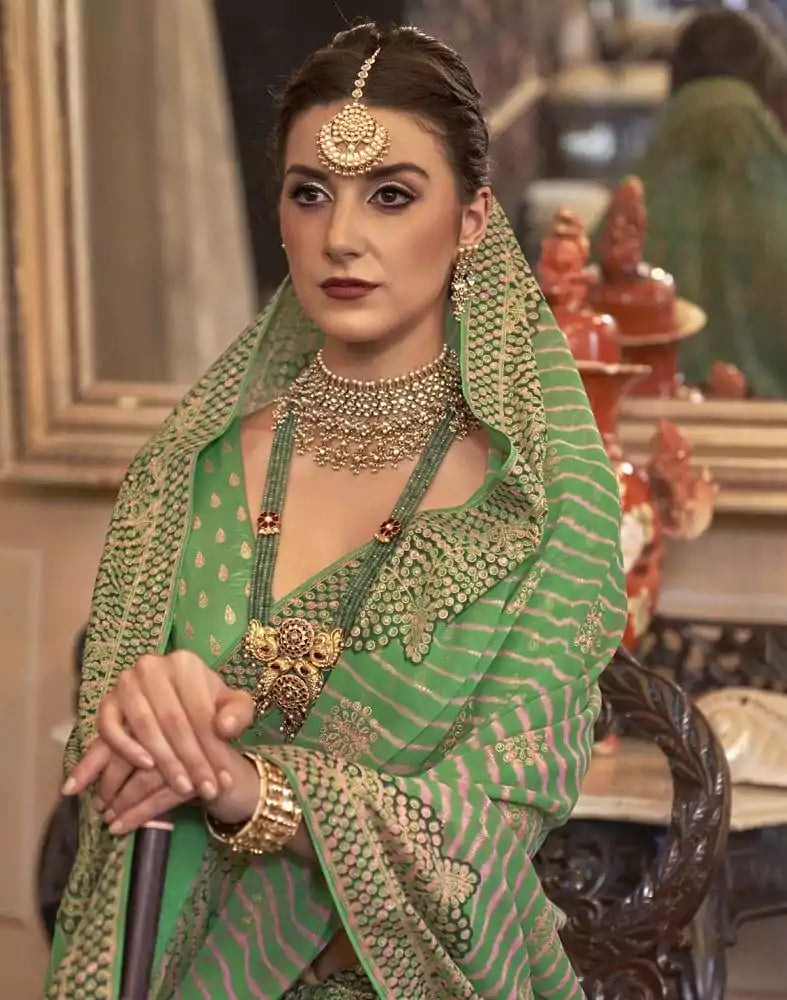 Image of Green Striped Printed beautiful Georgette Saree