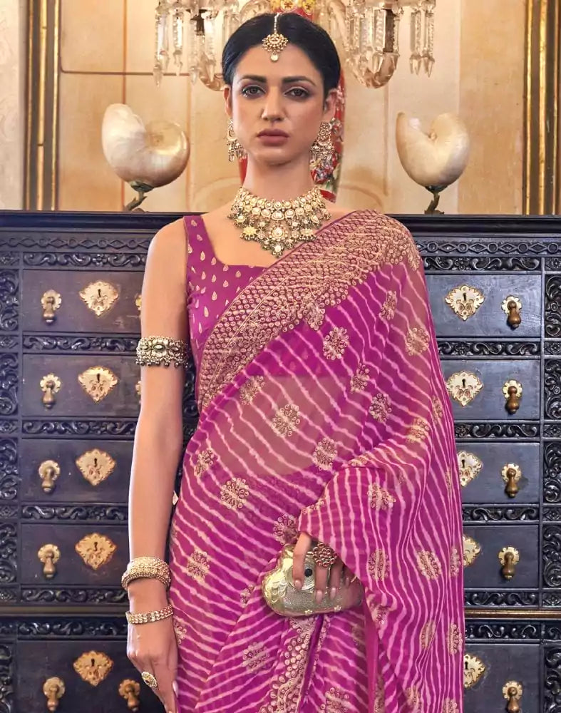 Image of Emerald Pink Striped Print Soft Georgette Saree