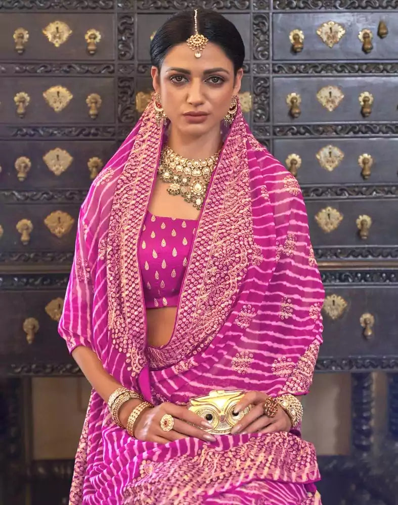 Image of Emerald Pink Striped Print Soft Georgette Saree