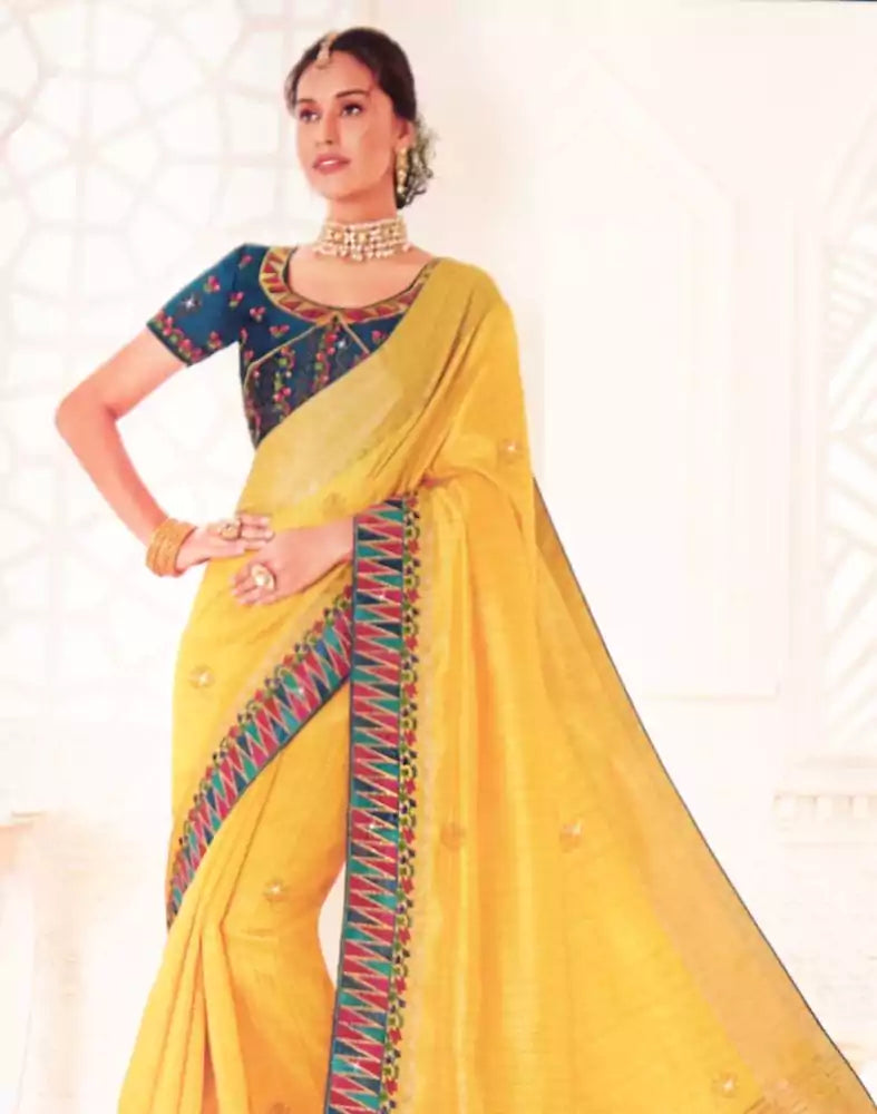 Image of Yellow Plain Stones work Raw Silk Saree