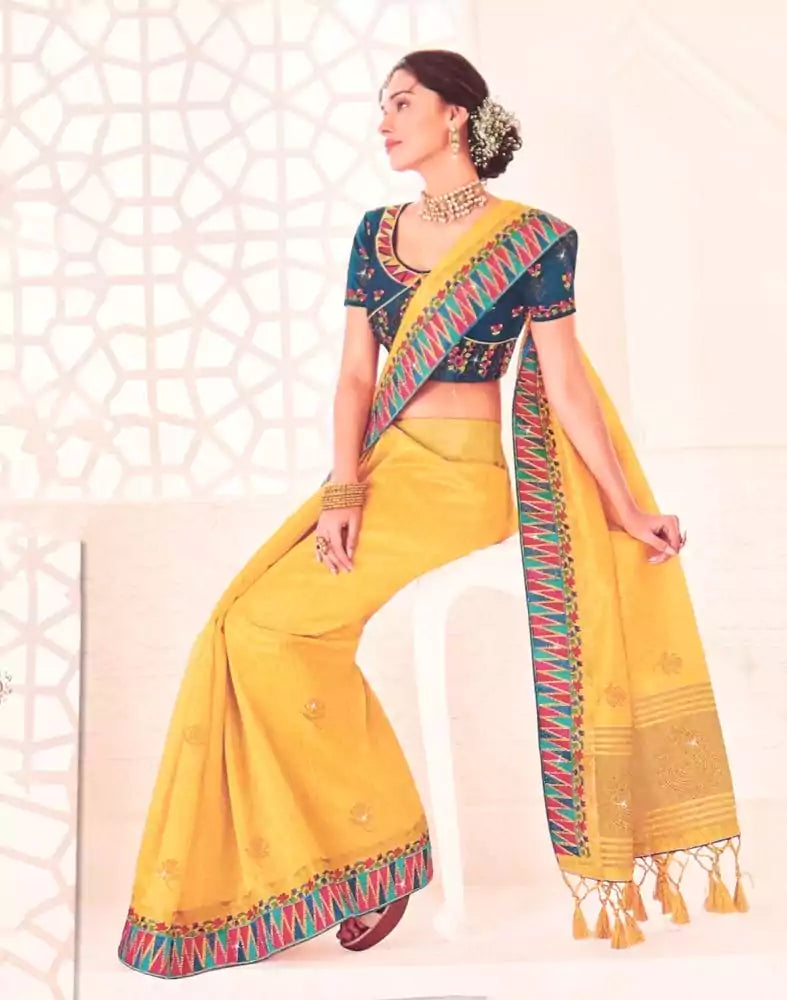 Image of Yellow Plain Stones work Raw Silk Saree