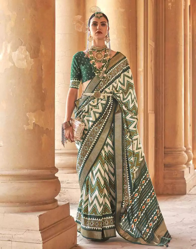 Image of Patola Fabric Off White Chevron Print Saree