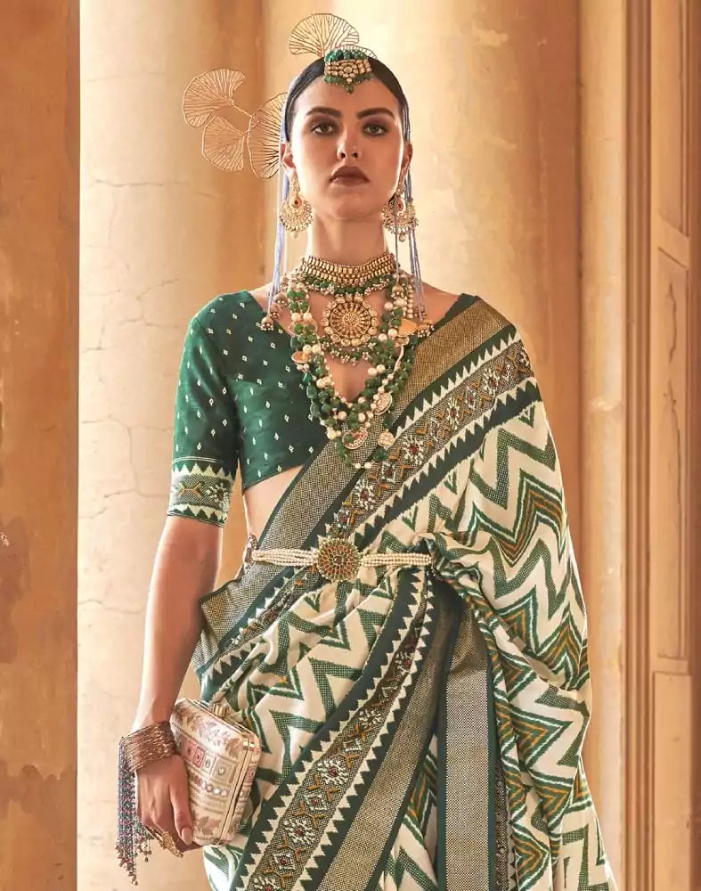 Image of Patola Fabric Off White Chevron Print Saree