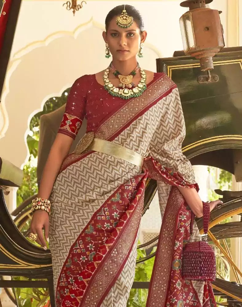 Image of Chevron Pattern Beige Coloured Beads work Patola Fancy Saree