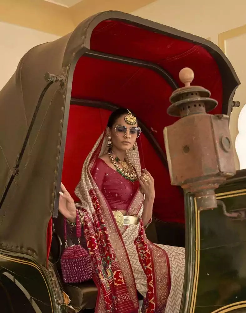 Image of Chevron Pattern Beige Coloured Beads work Patola Fancy Saree