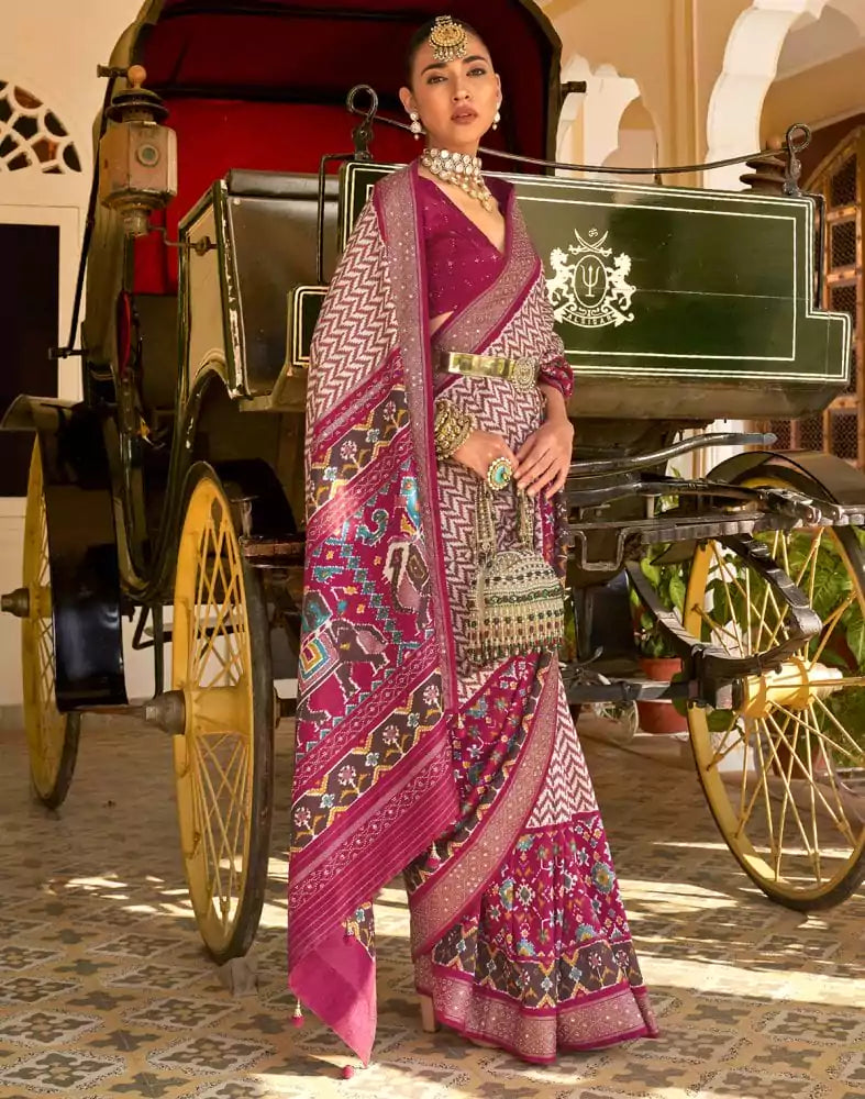 Image of Light Pink Zig Zag Patola Fancy Beads work Saree