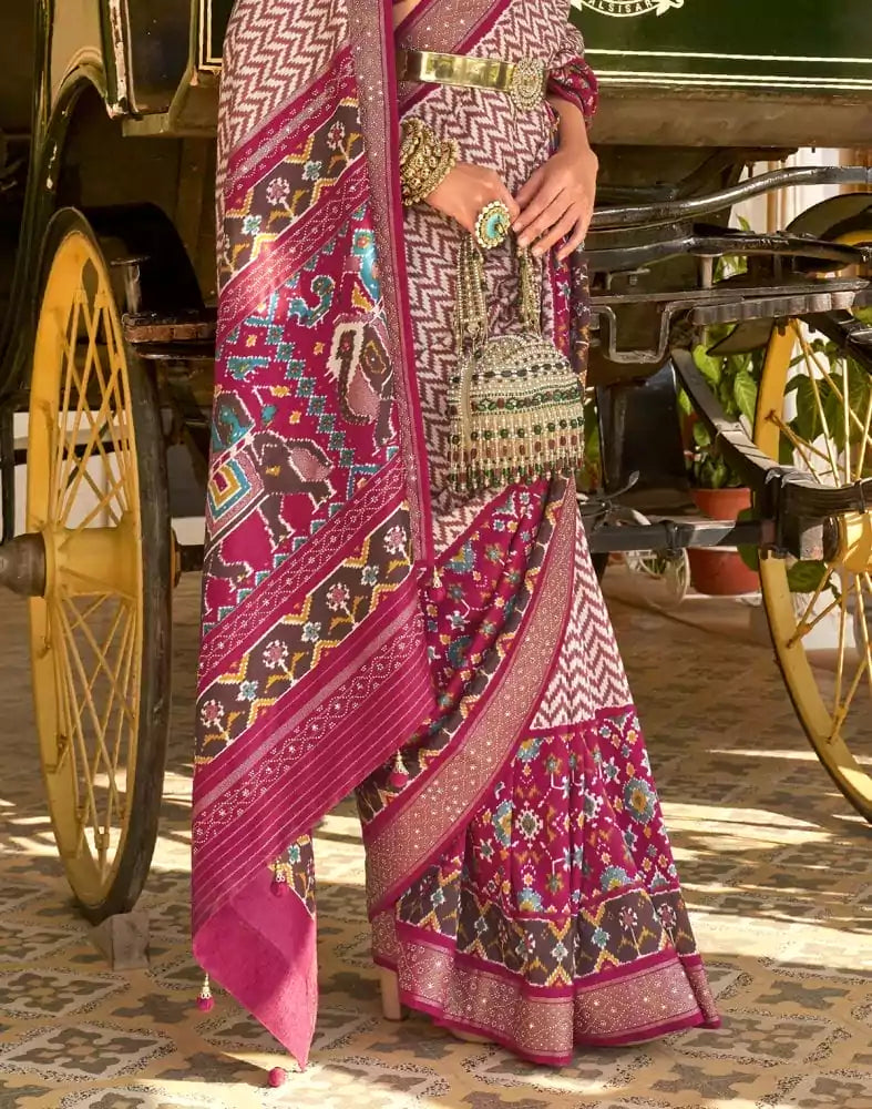 Image of Light Pink Zig Zag Patola Fancy Beads work Saree