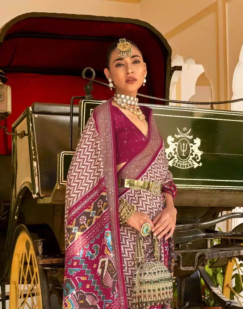 Image of Light Pink Zig Zag Patola Fancy Beads work Saree