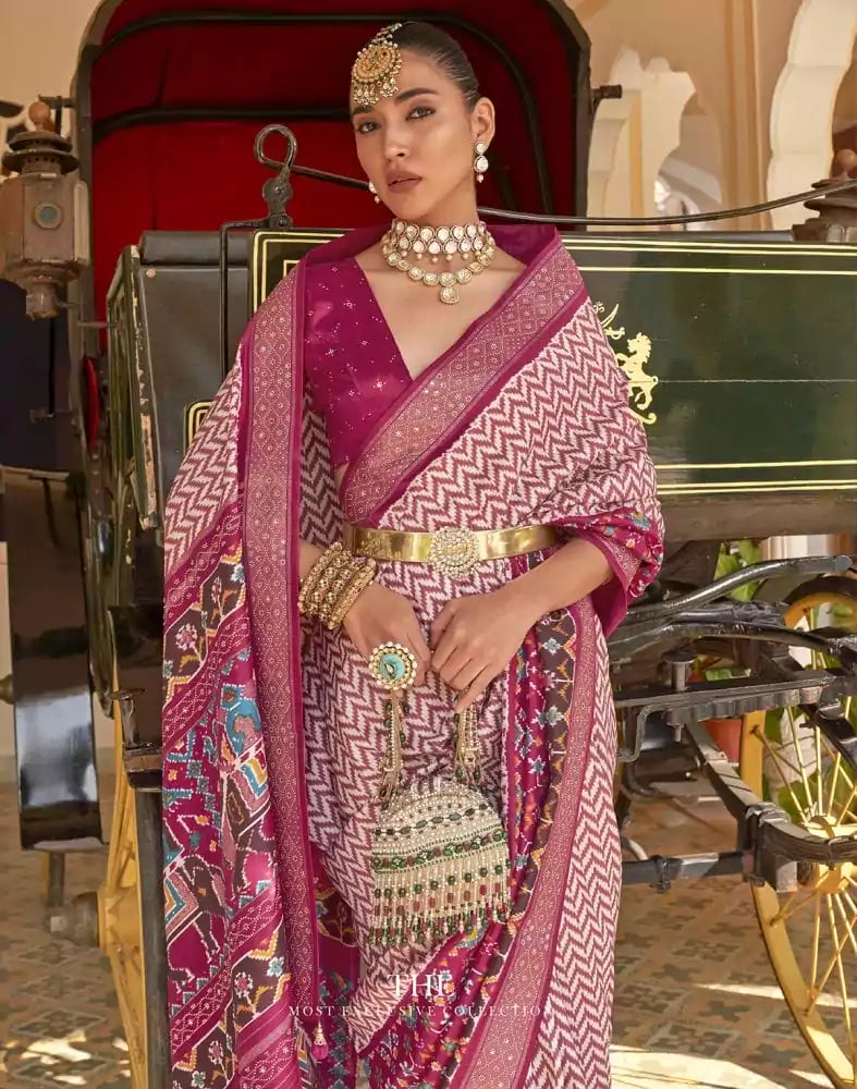 Image of Light Pink Zig Zag Patola Fancy Beads work Saree