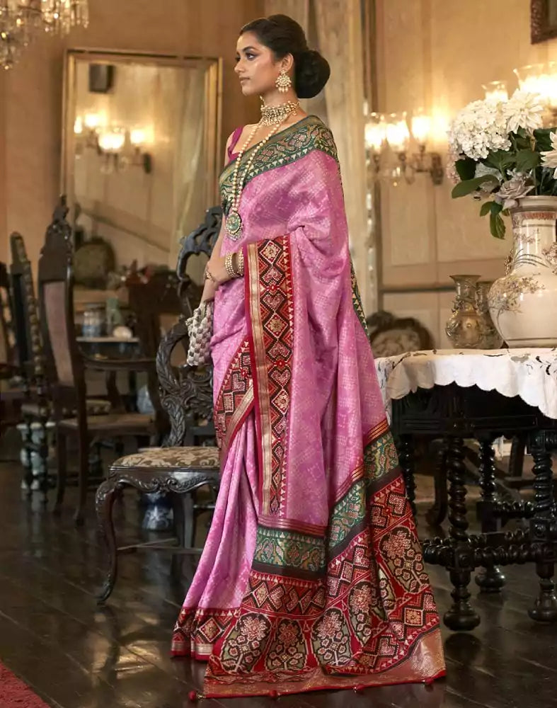 Image of Light Pink Bandhini Print Patola Silk Saree
