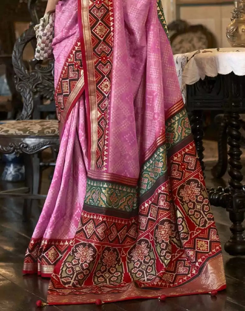 Image of Light Pink Bandhini Print Patola Silk Saree