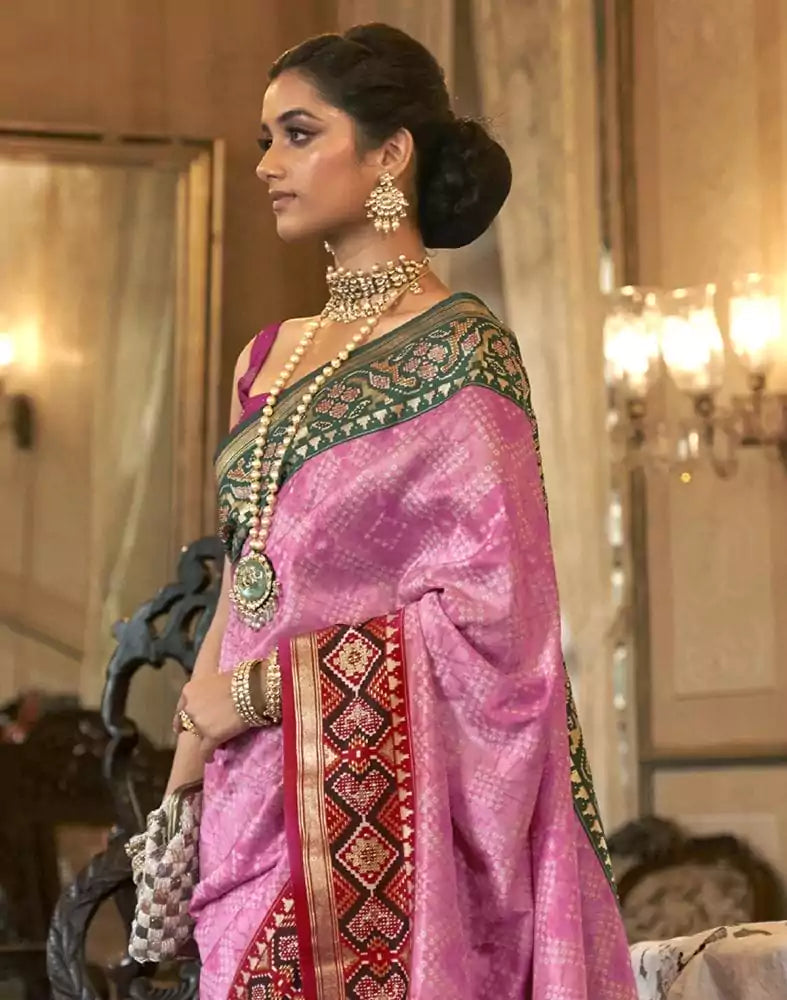 Image of Light Pink Bandhini Print Patola Silk Saree