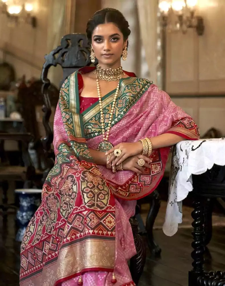 Image of Light Pink Bandhini Print Patola Silk Saree