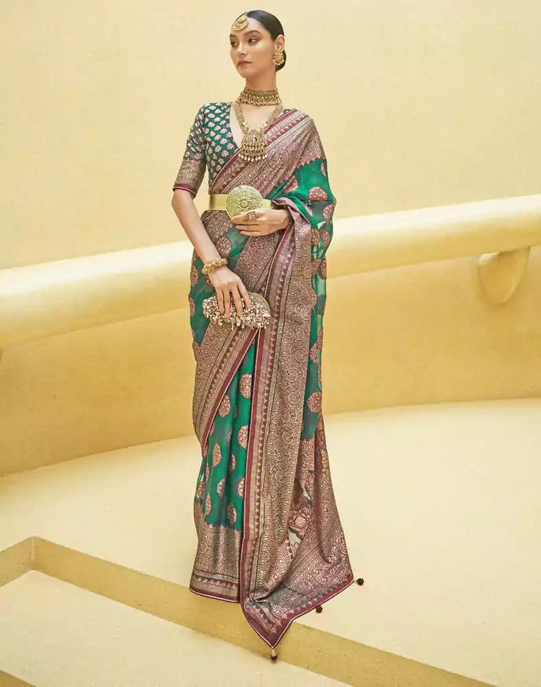 Image of Green Botanical Weave Patola Saree