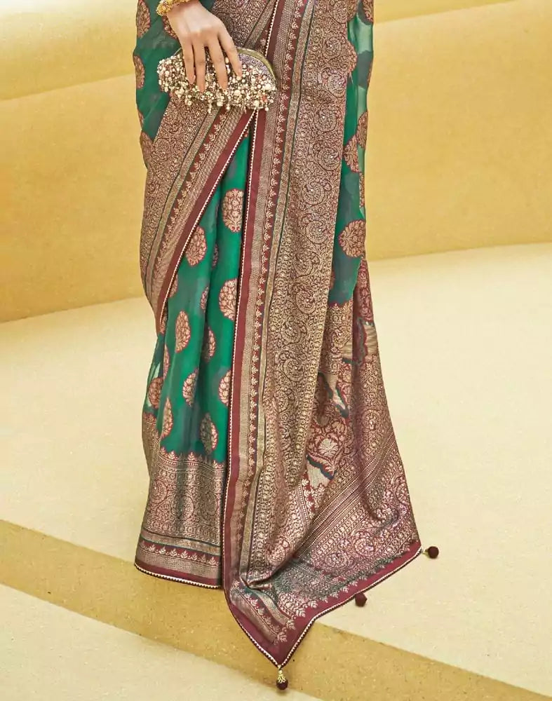 Image of Green Botanical Weave Patola Saree