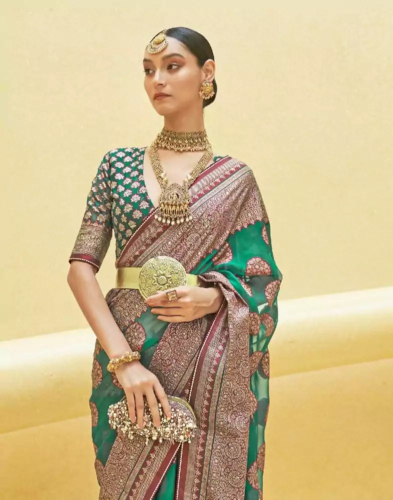 Image of Green Botanical Weave Patola Saree