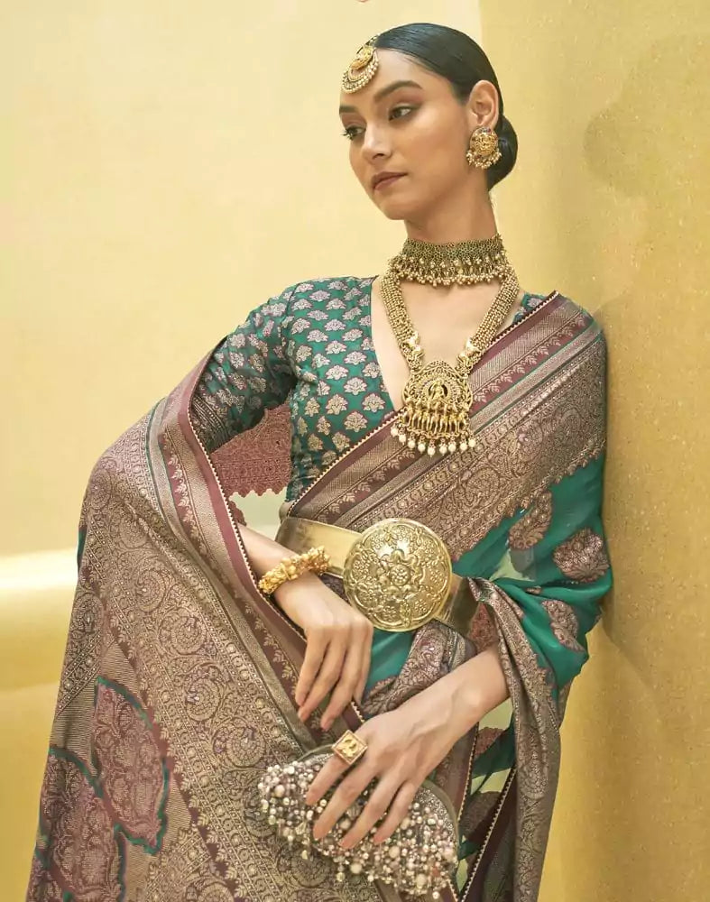 Image of Green Botanical Weave Patola Saree