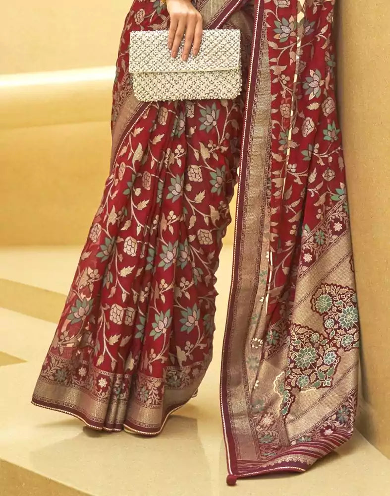 Image of Maroon Floral Print Patola Silk Saree