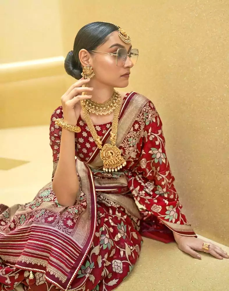 Image of Maroon Floral Print Patola Silk Saree