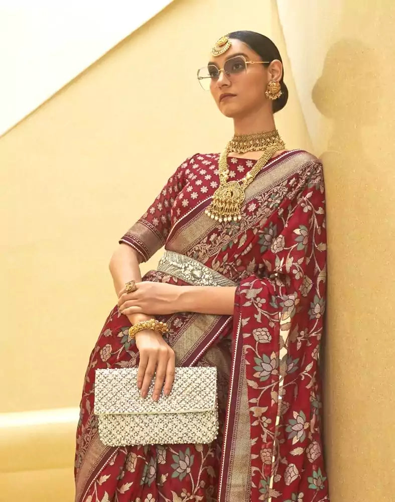 Image of Maroon Floral Print Patola Silk Saree