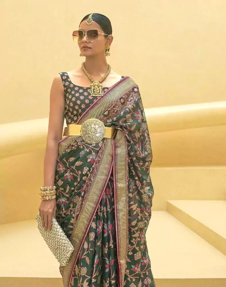 Image of Dark Green Floral Print Patola Saree