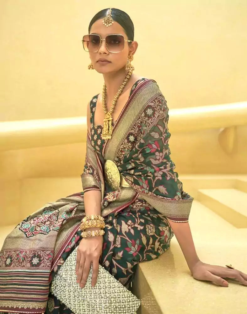 Image of Dark Green Floral Print Patola Saree